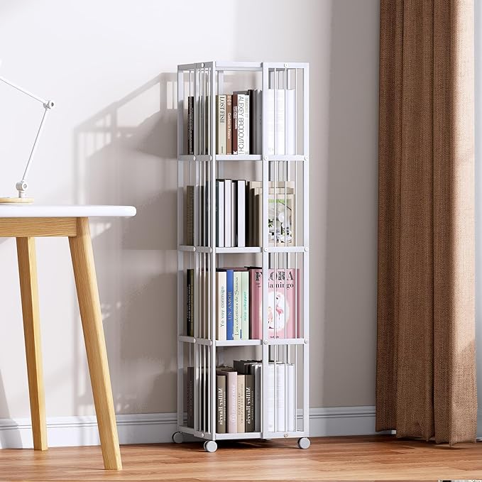 Rotating Bookcase White 4 Tiers Metal Bookshelf Large Capacity for Small Space with Storage and Creative Multi-Layer Shelves,Magazine&Books for Bedroom Living Room Study and Office - LeafyLoom