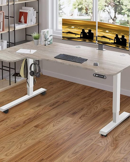 Adjustable Height L-Shaped 59 Inch Electric Standing Desk - Sit Stand Computer Desk, Stand Up Desk Table for Home Office, White Frame and Oak Top - LeafyLoom