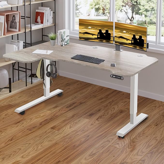Adjustable Height L-Shaped 59 Inch Electric Standing Desk - Sit Stand Computer Desk, Stand Up Desk Table for Home Office, White Frame and Oak Top - LeafyLoom