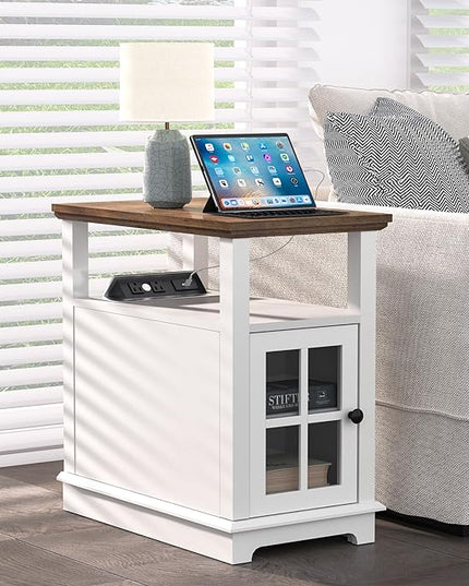 HIFYOBRO Narrow End Table with Flip Top Charging Station and Storage Cabinet, Type-C & USB port & Power outlets, Adjustable Shelf, White Side Table with Storage for Living Room and Bedroom - LeafyLoom