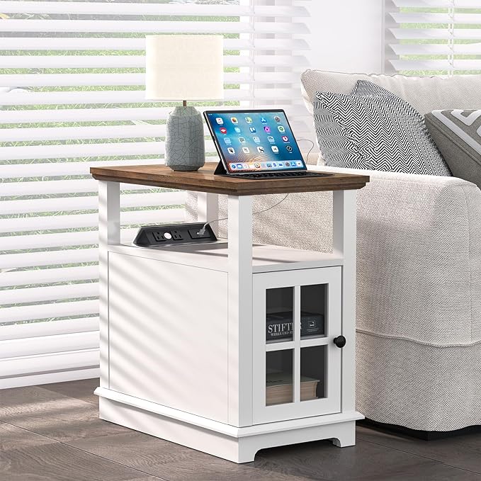 HIFYOBRO Narrow End Table with Flip Top Charging Station and Storage Cabinet, Type-C & USB port & Power outlets, Adjustable Shelf, White Side Table with Storage for Living Room and Bedroom - LeafyLoom