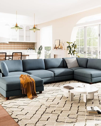 163.8" Large L Shaped Modular Sectional Sofa with Ottoman, 6-Seater Upholstered Combination Corner Couch for Living Room Office Spacious Space Furniture Sets, Blue, 163.8 Inch - LeafyLoom