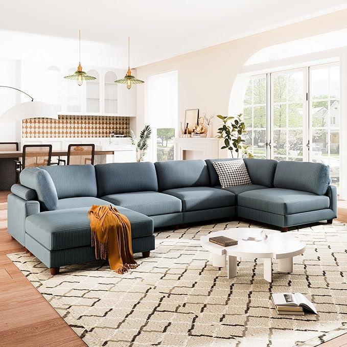 163.8" Large L Shaped Modular Sectional Sofa with Ottoman, 6-Seater Upholstered Combination Corner Couch for Living Room Office Spacious Space Furniture Sets, Blue, 163.8 Inch - LeafyLoom