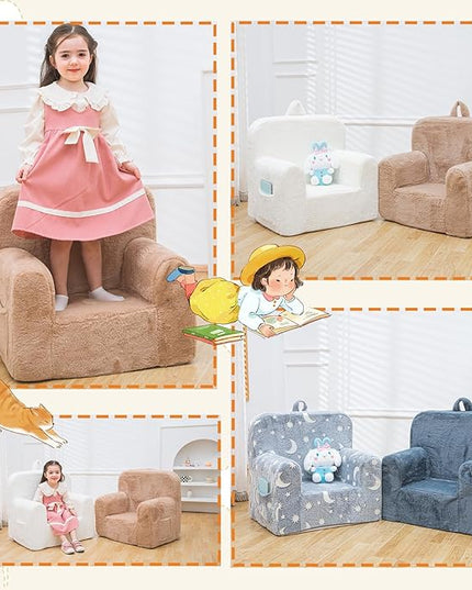 Snuggly-Soft Cuddly Toddler Plush Armchair for Boys and Girls Fuzzy Plush Kids Sofa Couch Reading Chair with Children Friendly Handle for Easy Movement & Double Pockets for Good Storage, Camel - LeafyLoom