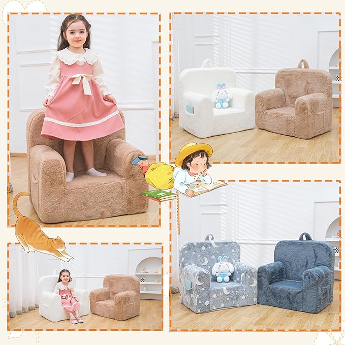 Snuggly-Soft Cuddly Toddler Plush Armchair for Boys and Girls Fuzzy Plush Kids Sofa Couch Reading Chair with Children Friendly Handle for Easy Movement & Double Pockets for Good Storage, Camel - LeafyLoom