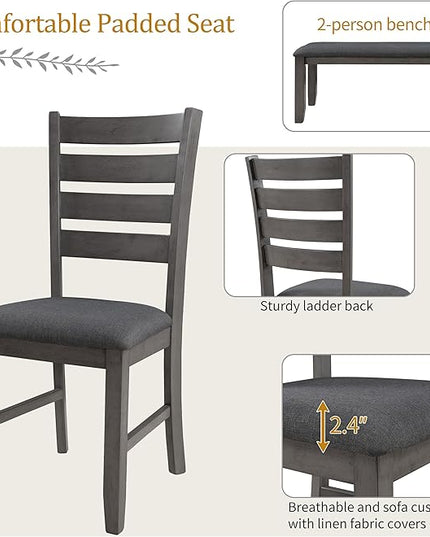 RITSU 6-Piece Solid Wood Dinette Sets includes Rustic Kitchen Dining Table, 4 Upholstered Chairs & Bench, for Diningroom Living Room, Easy to Assemble, Gray 2 - LeafyLoom