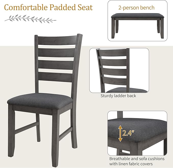 RITSU 6-Piece Solid Wood Dinette Sets includes Rustic Kitchen Dining Table, 4 Upholstered Chairs & Bench, for Diningroom Living Room, Easy to Assemble, Gray 2 - LeafyLoom