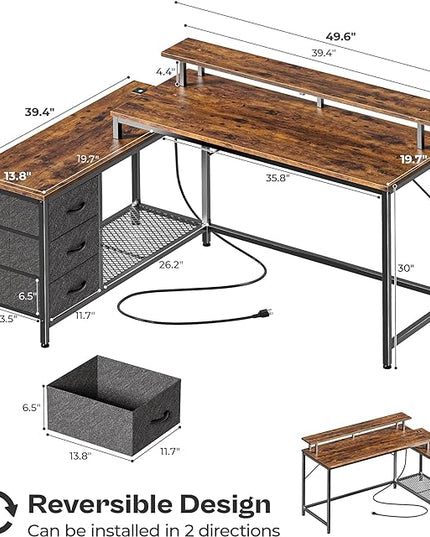 Reversible L Shaped Computer Desk with Drawers, Gaming Desk with LED Lights and Power Outlets, Office Desk with Storage, Corner Desk with Monitor Stand, for Home & Office, Rustic Brown - LeafyLoom