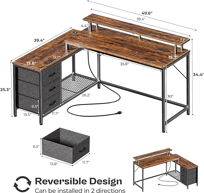 Reversible L Shaped Computer Desk with Drawers, Gaming Desk with LED Lights and Power Outlets, Office Desk with Storage, Corner Desk with Monitor Stand, for Home & Office, Rustic Brown - LeafyLoom