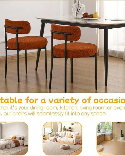 EDWELL Orange Dining Chairs Set of 2, Upholstered Kitchen Dining Room Chairs, Curved Backrest Boucle Dining Chair for Kitchen, Living Room, Mid-Century Modern Kitchen Chairs with Black Metal Legs - LeafyLoom