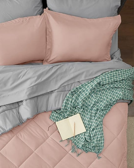 Bedsure Blush Pink Full Size Comforter Set - 7 Pieces Reversible Full Bed in a Bag, Full Bed Set with Comforters, Sheets, Pillowcases & Shams, Peach Pink Full Bedding Sets - LeafyLoom
