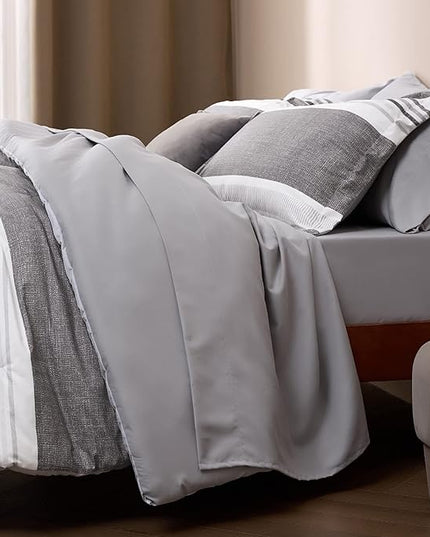 Bedsure King Size Comforter Set - 7 Pieces Grey White Striped Bedding Sets King Bed in A Bag with Comforters King Size, Sheets, Pillowcases & Shams, Bed Sets - LeafyLoom