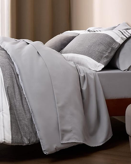 Bedsure Full Comforter Set - 7 Pieces Grey White Striped Bedding Sets Full Bed in A Bag with Comforters Full Size, Sheets, Pillowcases & Shams, Bed Sets - LeafyLoom