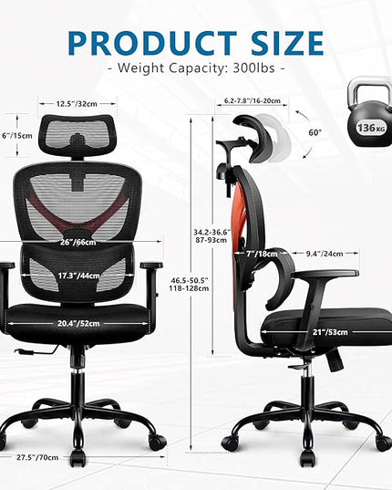 Office Chair Ergonomic Desk Chair Comfy Computer Chair, Big and Tall Home Office Chair with Back Support, Mesh Office Chair High Back Gaming Chair with Adjustable Armrest (Orange) - LeafyLoom