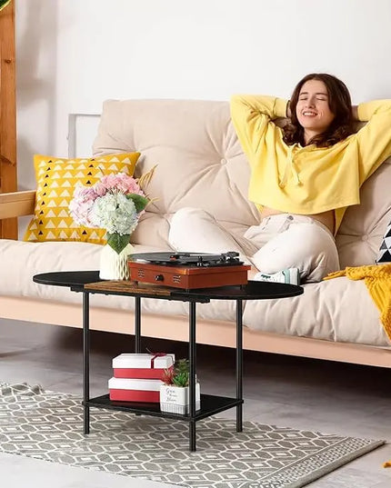 ETELI Small Black Coffee Tables Oval Center Table with Storage and Open Shelving Round Coffee Tea Tables for Living Room, Small Space, Home Office, Brown & Black - LeafyLoom