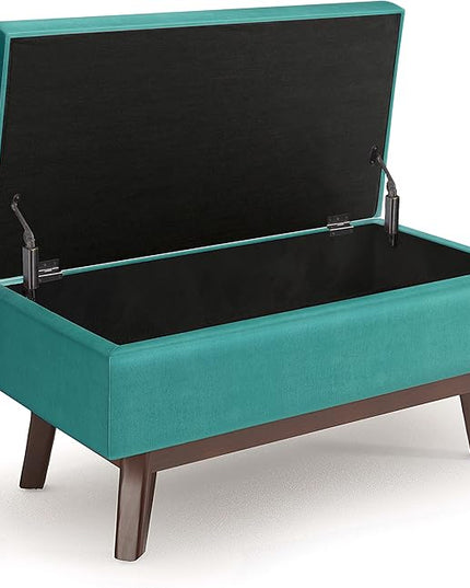 SIMPLIHOME Owen 36 inch Wide Rectangle Small Rectangular Storage Ottoman in Aqua Blue Velvet Fabric, for the Living Room, Family Room and Entryway - LeafyLoom