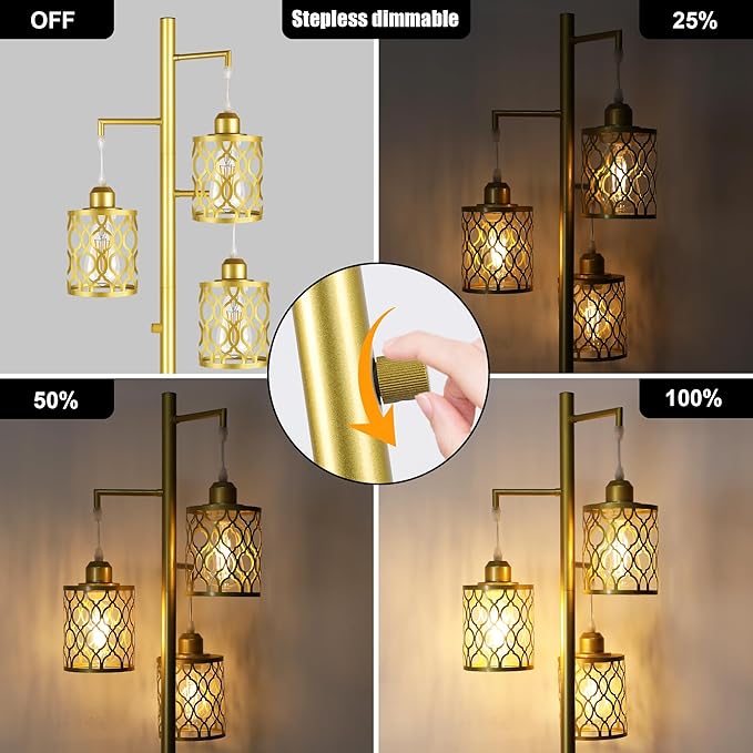 68" Gold Floor Lamp, Dimmable Industrial Floor Lamps for Living Room, 3 Light Rustic Standing Tall Lamp Including 3 PCS 6W E26 Bulbs, Farmhouse Tree Floor Lamp for Bedrooms, Office, Bar - LeafyLoom