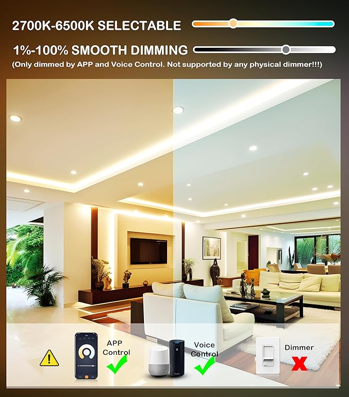 [6 Pack] CLOUDY BAY 4inch Smart WiFi LED Recessed Lights,RGBCW Color Changing Recessed Lighting,Compatible with Alexa and Google Home Assistant,10W 2700K-6500K,CRI90+ Wet Location,White Finish CLOUDYBAY