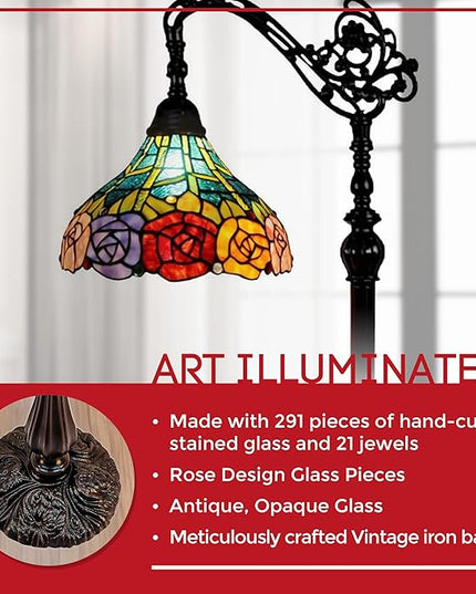 Amora Tiffany Floor Lamp - Arched, Stained Glass 62” with Foot Switch Operation and Adjustable Lamp Shade - Custom Handcrafted Floor Lamps for Living Room in Red Yellow Green Rose Flower - LeafyLoom