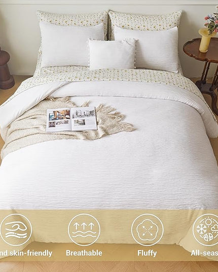 8 Piece Woven Texture White King Size Comforter Set, Bed in A Bag Bedding King with Comforter and Sheets, Soft Lightweight Comforter Set with Deocor Throw Pillow, White - LeafyLoom
