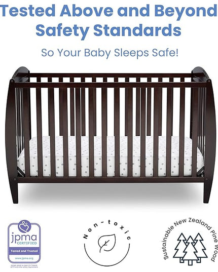 Delta Children Twinkle 4-in-1 Convertible Baby Crib, Sustainable New Zealand Wood, Dark Chocolate and Delta Children Twinkle Galaxy Dual Sided Recycled Fiber Core Crib and Toddler Mattress (Bundle) - LeafyLoom