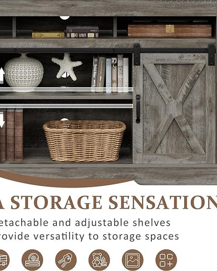 Farmhouse Stand for TVs up to 65+ Inch Tall Entertainment Center with Sliding Barn Door, Console Storage Cabinet for Bedroom, Living Room, Light Grey - LeafyLoom