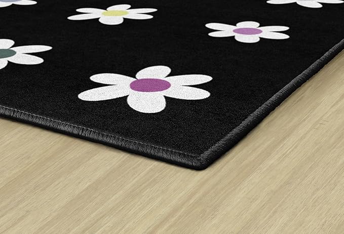 Flagship Carpets Schoolgirl Style Daisies on Black Criss-Cross Applesauce Educational Area Rug for Kids Room, Children's Classroom, Play Carpet for Teaching and Playroom, 5' x 7'6", Seats 20 - LeafyLoom
