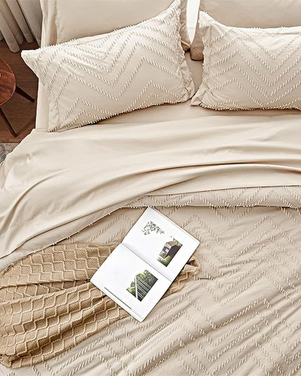 Anluoer Queen Comforter Set, Beige Tufted Bed in a Bag 7 Pieces with comforters and sheets, All Season Bedding Sets with 1 Comforter, 2 PillowShams, 2 Pillowcases, 1 Flat Sheet, 1 Fitted Sheet - LeafyLoom