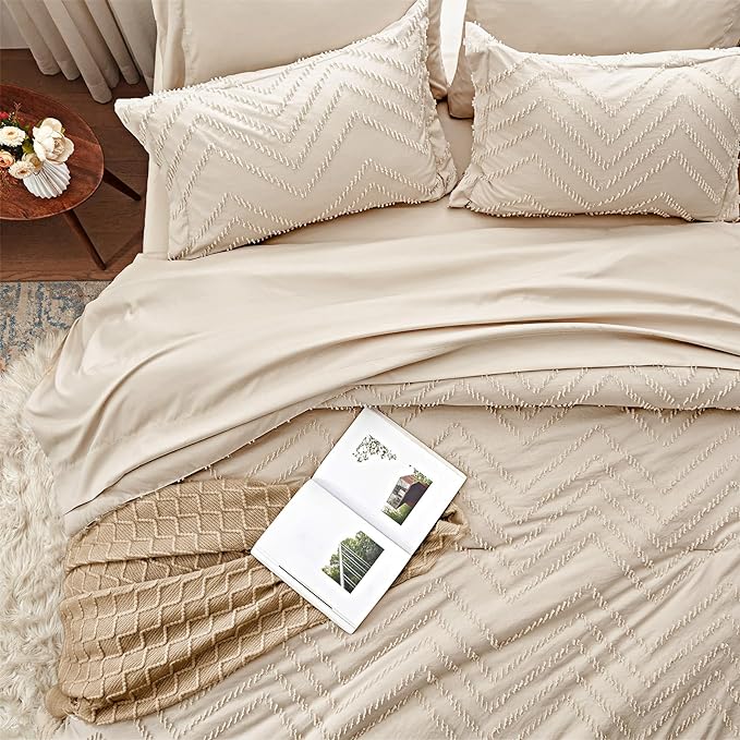 Anluoer Queen Comforter Set, Beige Tufted Bed in a Bag 7 Pieces with comforters and sheets, All Season Bedding Sets with 1 Comforter, 2 PillowShams, 2 Pillowcases, 1 Flat Sheet, 1 Fitted Sheet - LeafyLoom