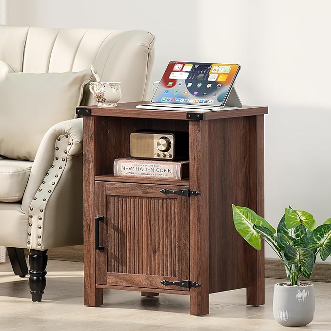 Night Stand, 18 Inch Farmhouse Nightstand with with Charging Station and USB Port, Rustic Couch End Table with Magnetic Door, Wood Bed Side Tables for Bedroom, Home, Brown Walnut - LeafyLoom