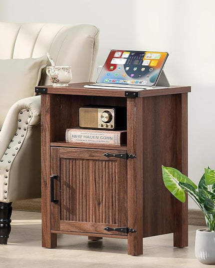 Night Stand Set of 2, 18 Inch Farmhouse Nightstand with with Charging Station and USB Port, Rustic Wood Bedside Table with Magnetic Door, Bed Side Tables for Bedroom, Brown Walnut - LeafyLoom