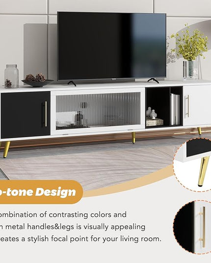Merax Stylish TV Stand with Golden Metal Handles&Legs and Removable Compartment, Two-tone Media Console for Television Up to 80", Fluted Glass Door Storage Cabinet for Living Room, 78.7" Length, White - LeafyLoom