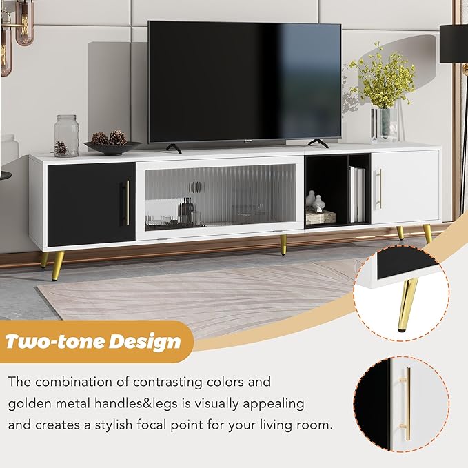 Merax Stylish TV Stand with Golden Metal Handles&Legs and Removable Compartment, Two-tone Media Console for Television Up to 80", Fluted Glass Door Storage Cabinet for Living Room, 78.7" Length, White - LeafyLoom