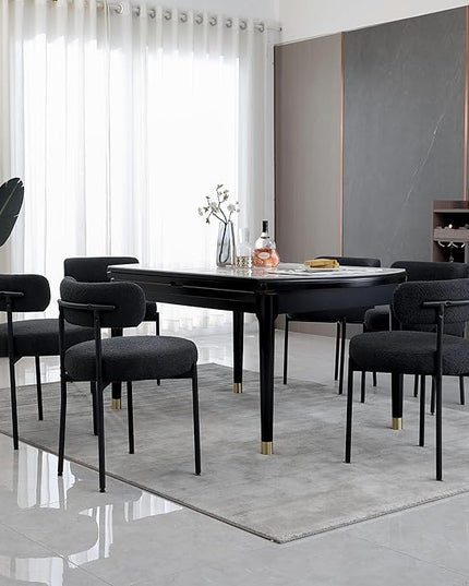Dining Chairs Set of 6, Boucle Dining Room Chairs Modern Mid-Century Kitchen Chairs Curved Backrest Upholstered Chairs for Dining Room Black Metal Legs, Black - LeafyLoom