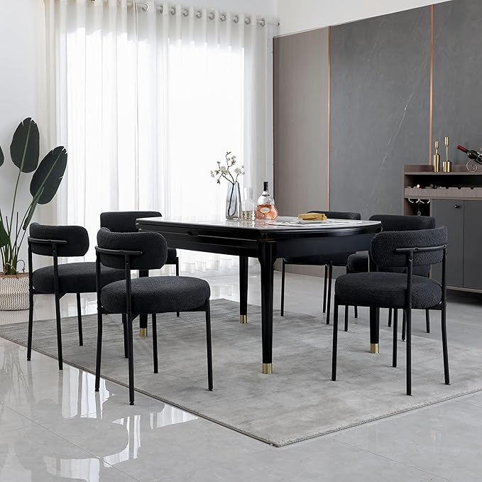 Dining Chairs Set of 6, Boucle Dining Room Chairs Modern Mid-Century Kitchen Chairs Curved Backrest Upholstered Chairs for Dining Room Black Metal Legs, Black - LeafyLoom