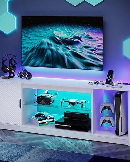 Bestier LED TV Stand with Power Outlets for 55/60/65 Inch TV, Gaming Entertainment Center with Cabinet for PS5, Modern TV Cabinet with Adjustable Glass Shelves for Bedroom 58 Inch Carbon Fiber White - LeafyLoom