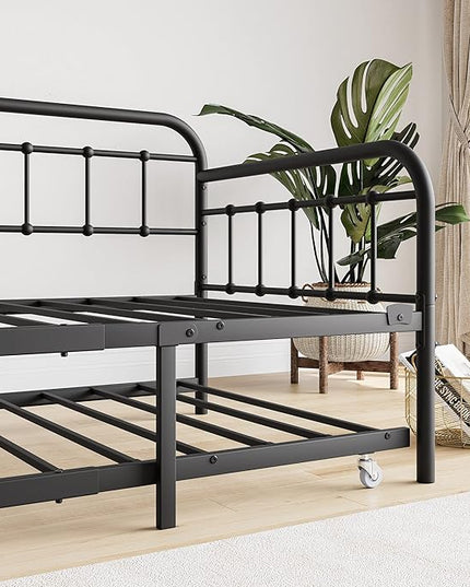 Twin Size Metal Daybed Frame with Trundle and Headboard,Guest Room Multifunctional Heavy Duty Sofa Bed Platform w/Steel Slat Support & Easy Assembly,for Adult Kid Boy Girl,Black - LeafyLoom