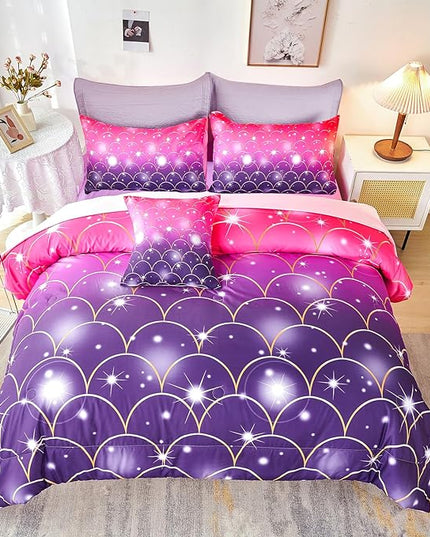 URBONUR 6Pcs Twin Comforter Set for Girls Pink and Purple Mermaid Printed Kids Bedding Set, Soft Microfber Gilrs Twin Bed Sets - LeafyLoom
