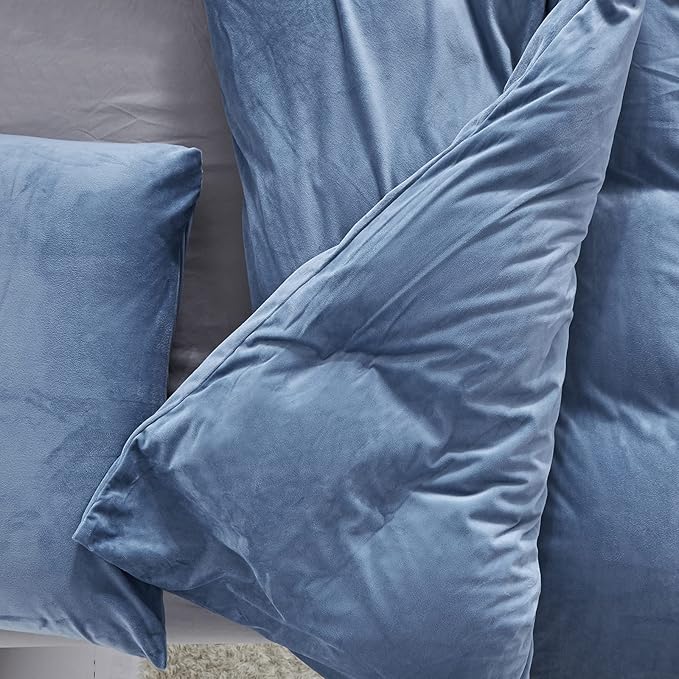 Wellboo Blue Velvet Comforter Sets Full Size Women Men Solid Lake Blue Fluffy Bedding Comforters Modern Minimalist Blue Flannel Cozy Quilts Plain Haze Blue Aesthetic Blanket Ultra Soft Shaggy Bed - LeafyLoom