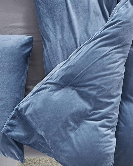 Wellboo Blue Velvet Bedding Comforter Sets Queen Size Adults Men Solid Lake Blue Fluffy Comforters Cotton Women Plain Haze Blue Flannel Quilts Warm Winter Micromink Sherpa Blankets Aesthetic Dorm Bed - LeafyLoom
