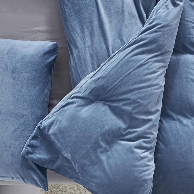 Wellboo Blue Velvet Bedding Comforter Sets Queen Size Adults Men Solid Lake Blue Fluffy Comforters Cotton Women Plain Haze Blue Flannel Quilts Warm Winter Micromink Sherpa Blankets Aesthetic Dorm Bed - LeafyLoom