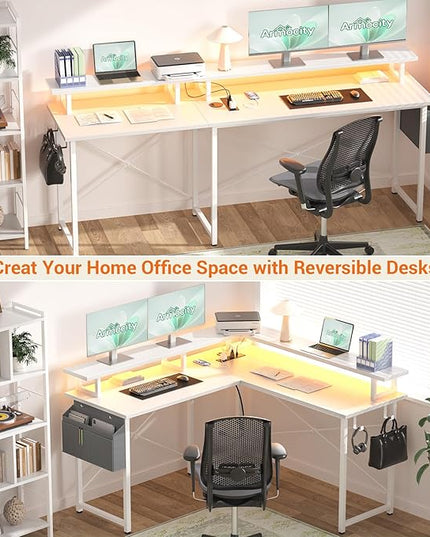 armocity L Shaped Computer Desk with Power Outlets, Gaming Desk L Shaped with LED Lights, Corner Desk with Storage Shelves, Work Study Desk for Bedroom, Home Office Small Spaces, 47'', White - LeafyLoom