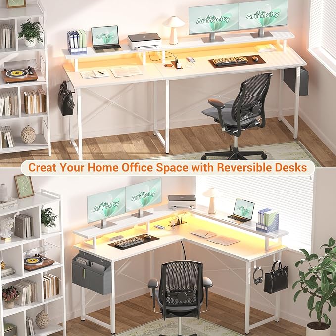 armocity L Shaped Computer Desk with Power Outlets, Gaming Desk L Shaped with LED Lights, Corner Desk with Storage Shelves, Work Study Desk for Bedroom, Home Office Small Spaces, 47'', White - LeafyLoom