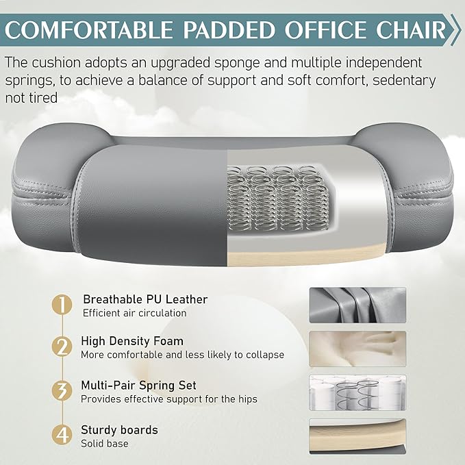Leather Office Chair, PU Home Computer Desk Chairs with Ergonomic Back Support, 360°Swivel Free，Small Gmaing Chair with Wheels and Adjustable Armrests, for Short People Use, Gray - LeafyLoom