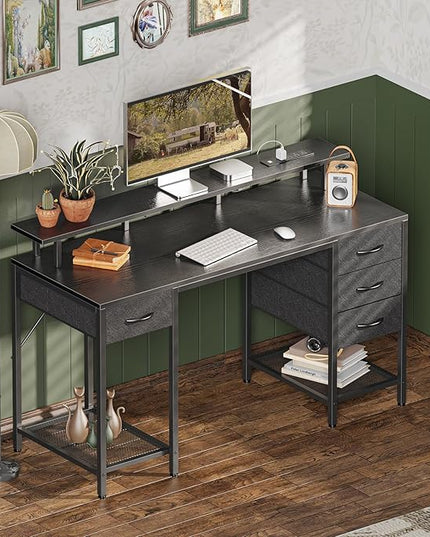 55 inch Computer Desk with 4 Drawers, Gaming Desk with LED Lights & Power Outlets, Home Office Desk with Large Storage Space for Bedroom, Work from Home, Black - LeafyLoom