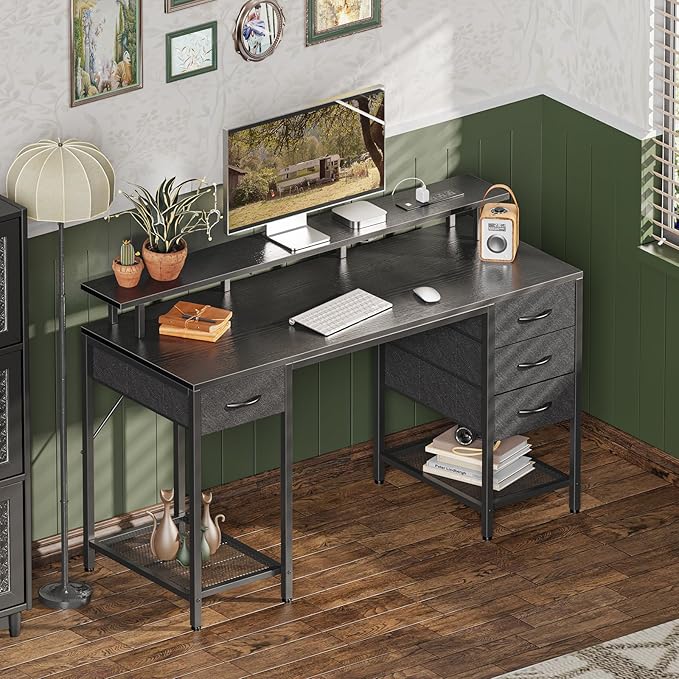 55 inch Computer Desk with 4 Drawers, Gaming Desk with LED Lights & Power Outlets, Home Office Desk with Large Storage Space for Bedroom, Work from Home, Black - LeafyLoom