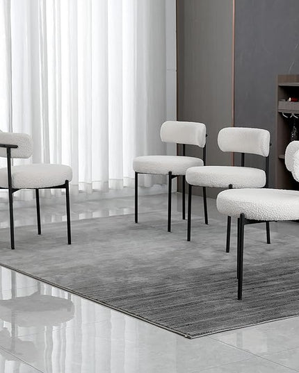 White Dining Chairs Set of 4 Round Upholstered Boucle Dining Room Chairs Mid-Century Modern Kitchen Chairs Curved Backrest Chairs for Dining Room Black Metal Legs - LeafyLoom