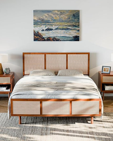 Bme Nancy Signature Bed Frame, Queen Bed Frame and Headboard Unique Geometric, Mid Century Modern, Solid Acacia Wood, No Box Spring Needed, 12 Strong Wood Slats Support, Easy Assembly, Dark Chocolate - LeafyLoom