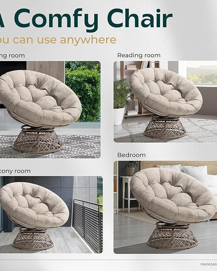 Bme 40" Ergonomic Wicker Papasan Chair with Soft Thick Density Fabric Cushion, High Capacity Steel Frame, 360 Degree Swivel for Living, Bedroom, Reading Room, Lounge, Silver Cloud - Brown Base - LeafyLoom