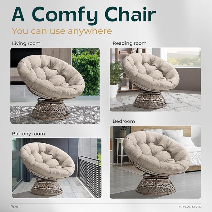 Bme 40" Ergonomic Wicker Papasan Chair with Soft Thick Density Fabric Cushion, High Capacity Steel Frame, 360 Degree Swivel for Living, Bedroom, Reading Room, Lounge, Silver Cloud - Brown Base - LeafyLoom